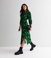 New Look Green Geometric Doodle Print Puff Sleeve Midi Shirt Dress